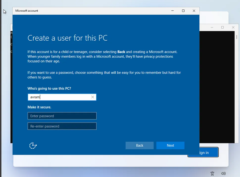 Local Account Setup Window